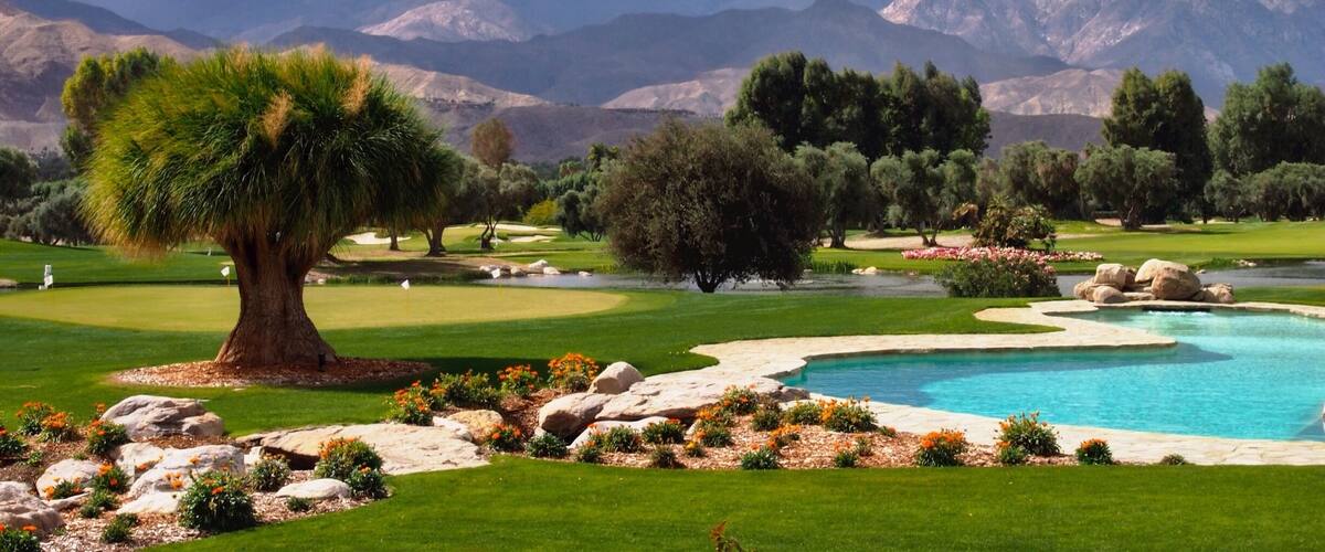 A golf course with a large tree, a pond, and mountains in the background.