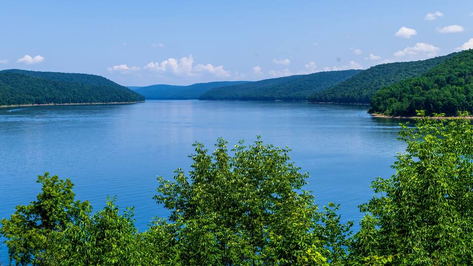 A view of the Allegheny Reservoir in the Allegheny National Forest in Warren County, Pennsylvania, USA on a sunny summer day