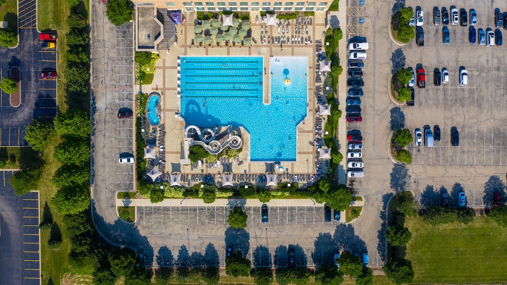 Aerial view of a swimming pool with slide in Romeoville near Chicago, Illinois, United States of America.