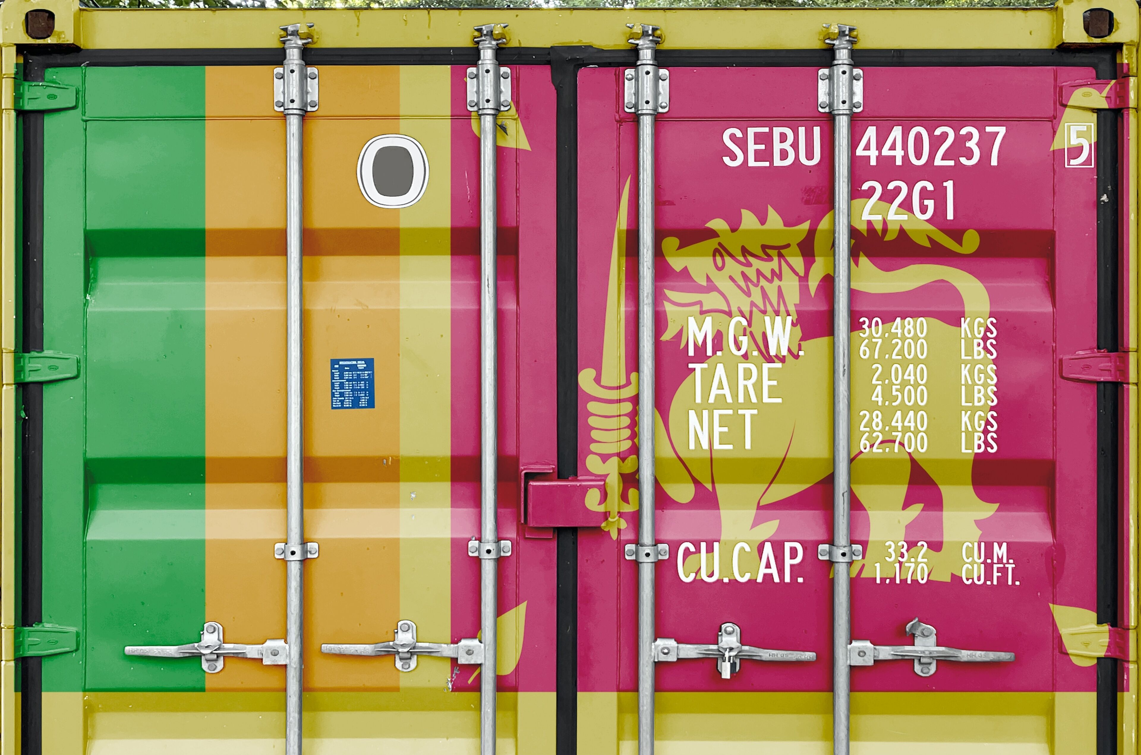 Sri Lanka flag depicted on metal doors of shipping cargo container outdoors in docks area close up