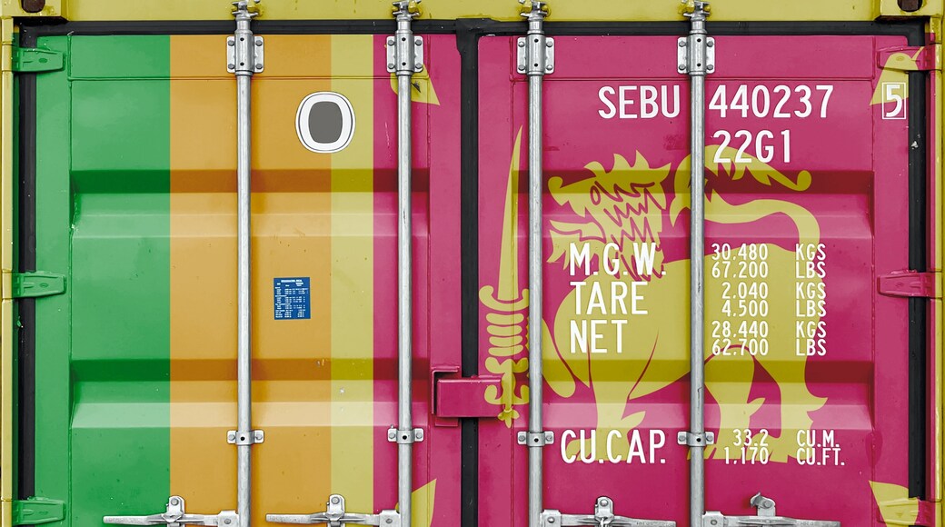 Sri Lanka flag depicted on metal doors of shipping cargo container outdoors in docks area close up