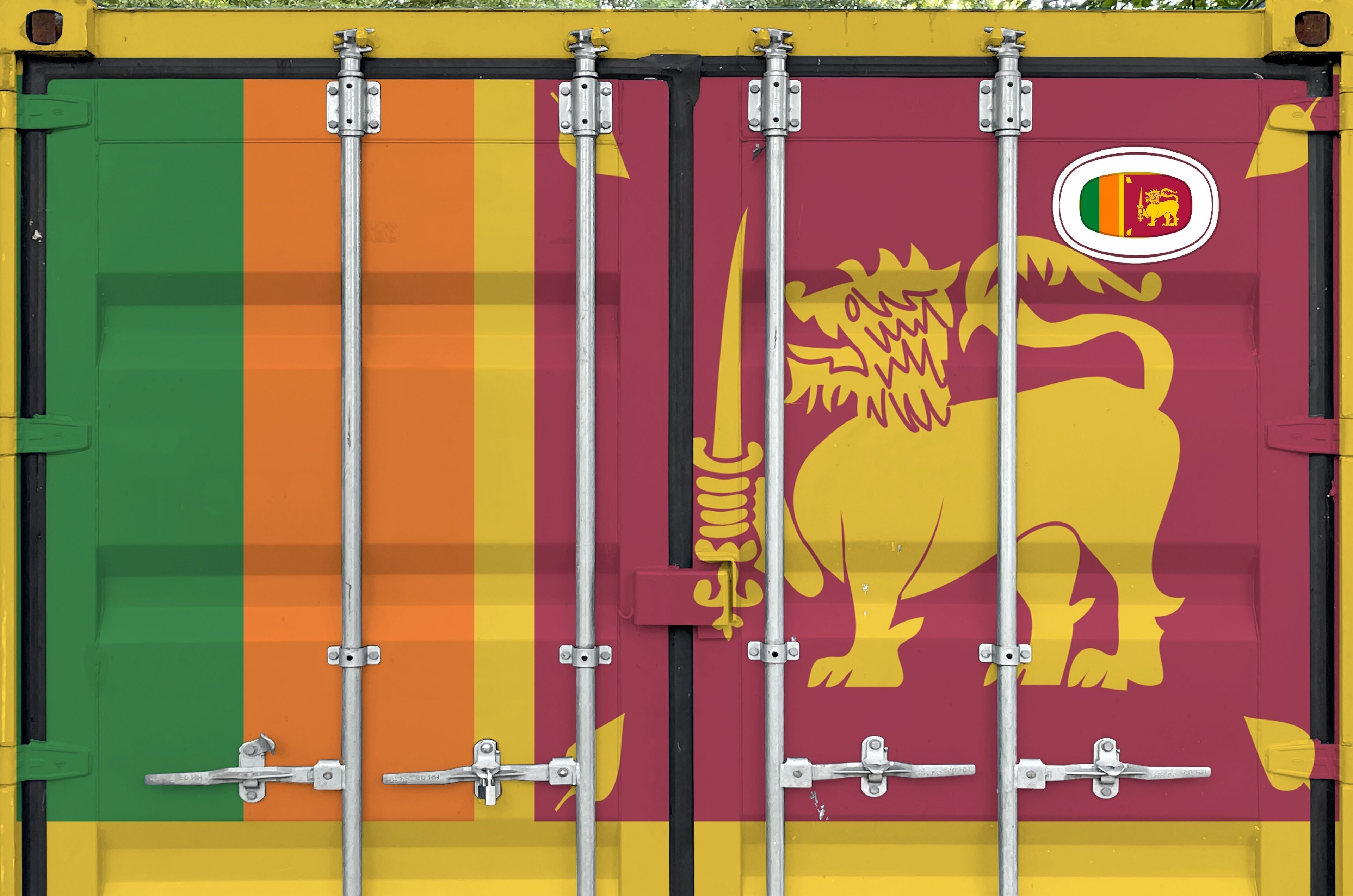 Sri Lanka flag depicted on metal doors of shipping cargo container outdoors in docks area close up