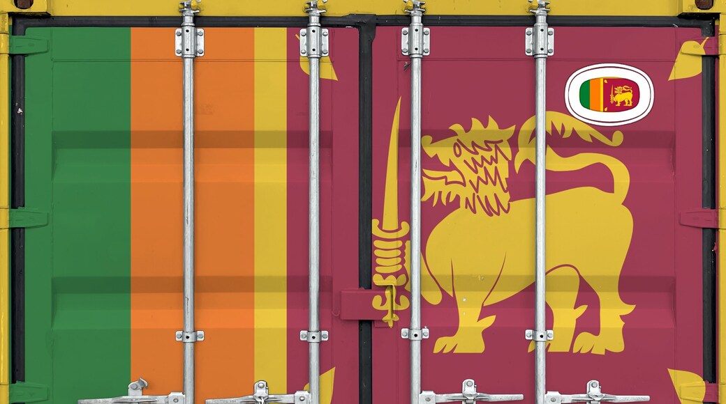 Sri Lanka flag depicted on metal doors of shipping cargo container outdoors in docks area close up