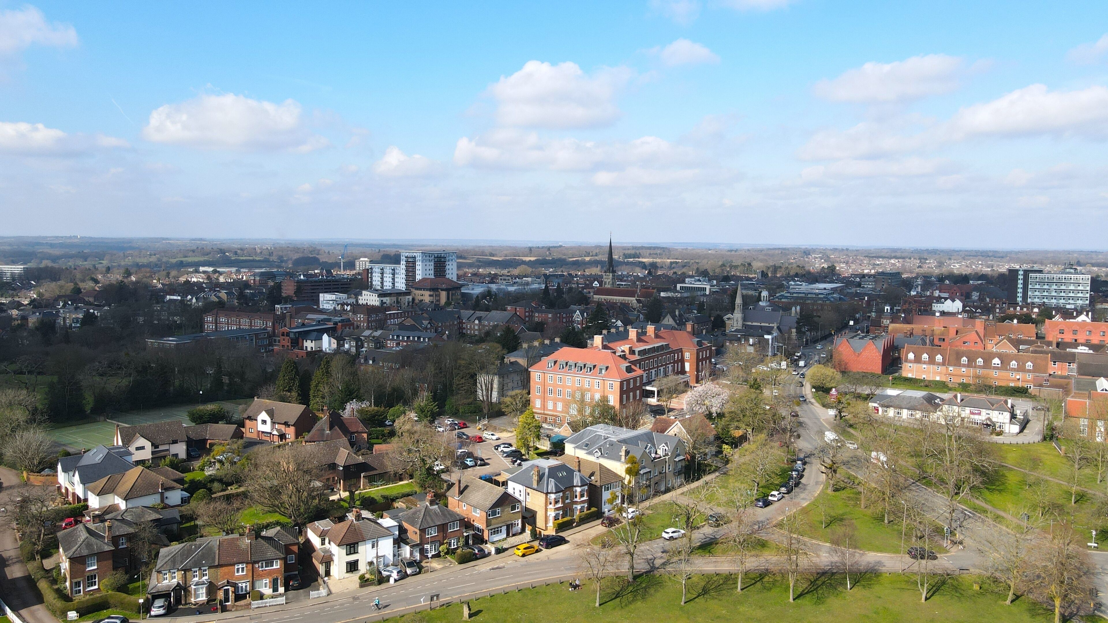 Brentwood  Essex Uk Town centre drone Aerial  shops and houses