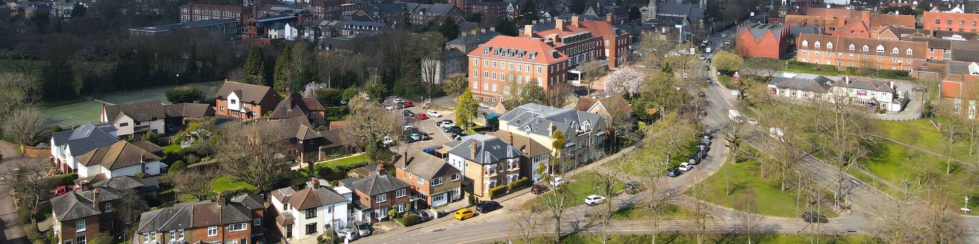 Brentwood Essex Uk Town centre drone Aerial shops and houses