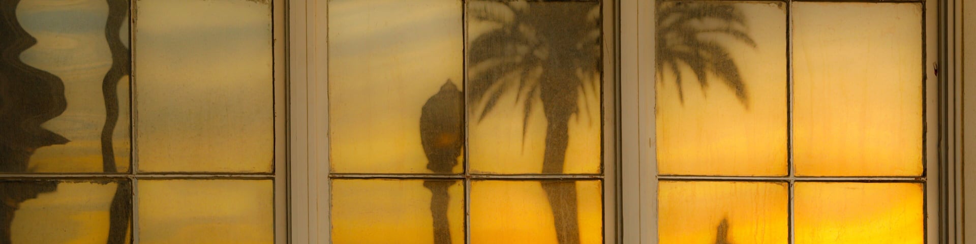 Una ventana con vista al atardecer, incluyendo siluetas de palmeras y un edificio.