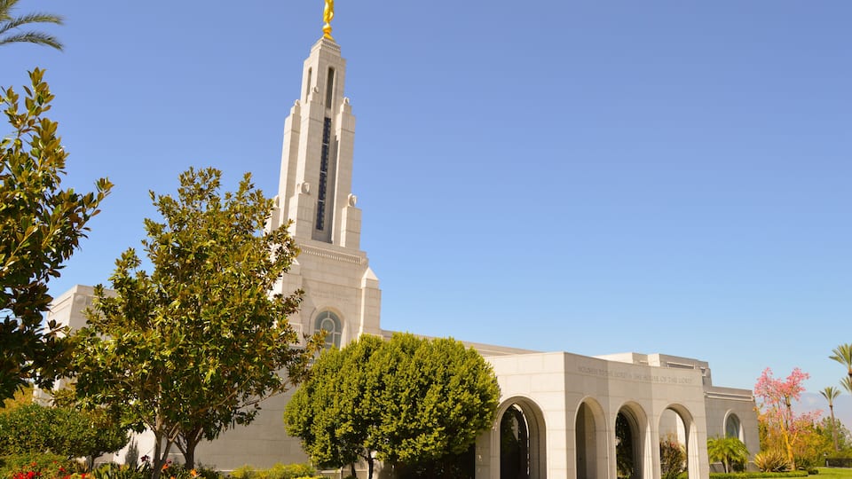 A large white building with a tall tower and golden statue, surrounded by trees and flowers.