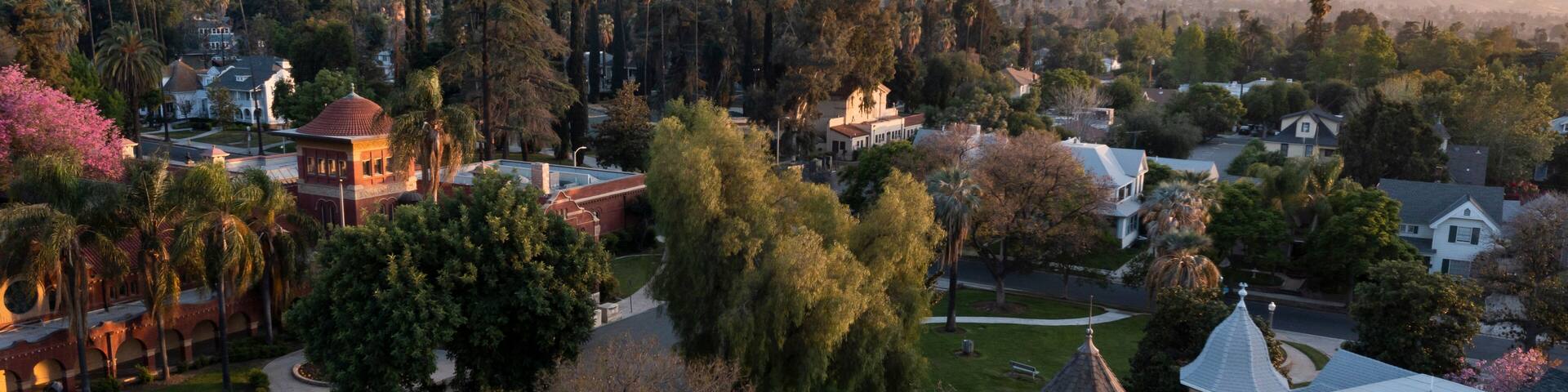 Sunset aerial view of historic downtown Redlands, California, USA.