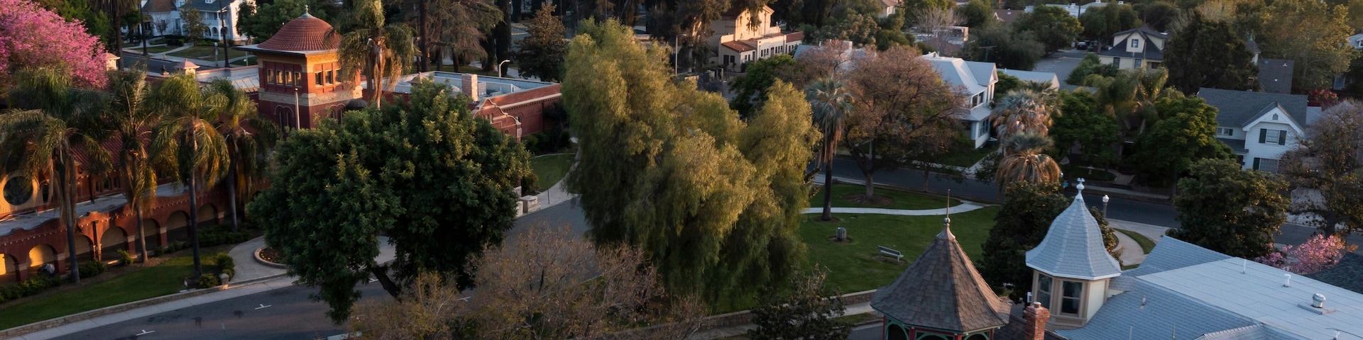 Sunset aerial view of historic downtown Redlands, California, USA.