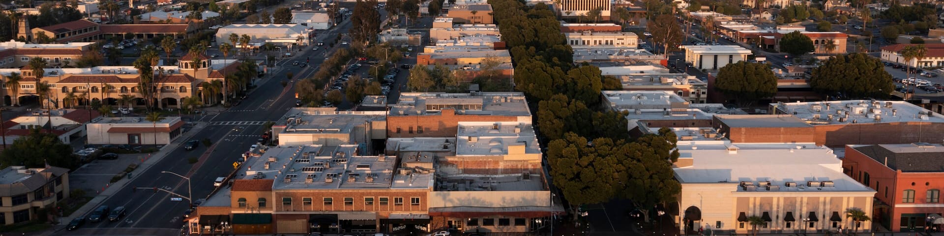 Sunset aerial view of historic downtown Redlands, California, USA.