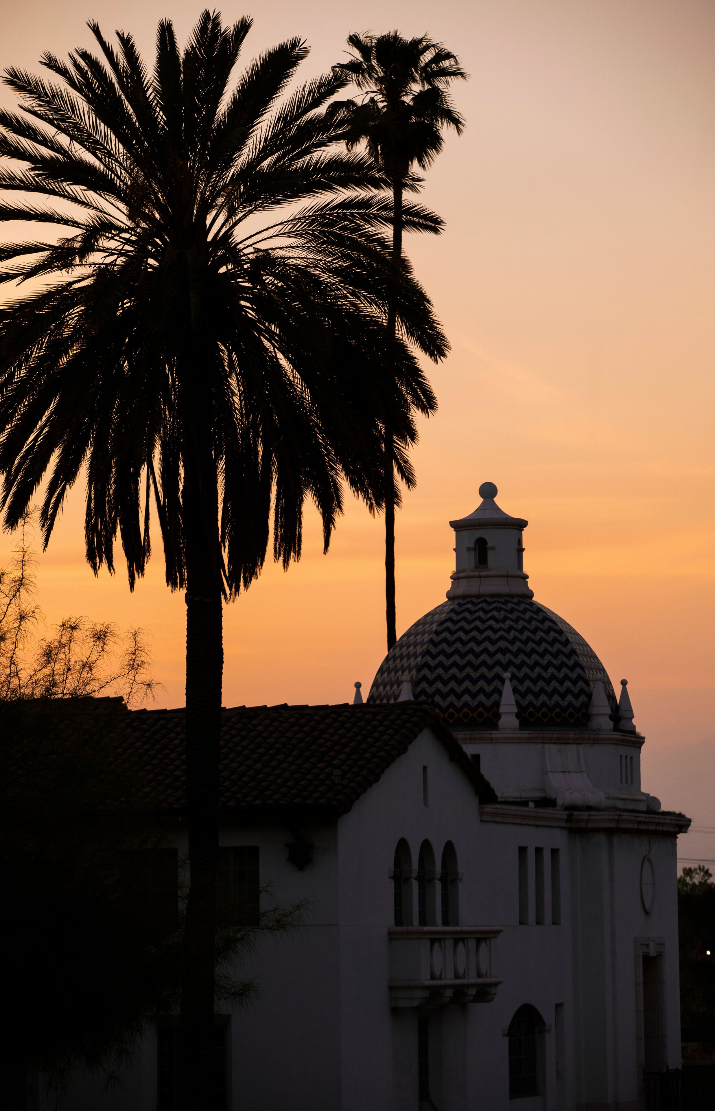 Sunset view of historic downtown Redlands, California, USA.