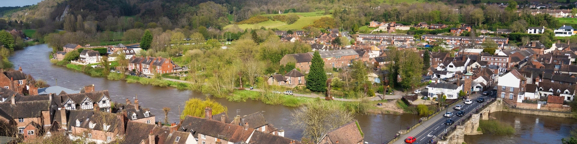 Une rivière traverse une ville où se trouvent des bâtiments historiques, un pont et, au loin, des collines ondulantes.