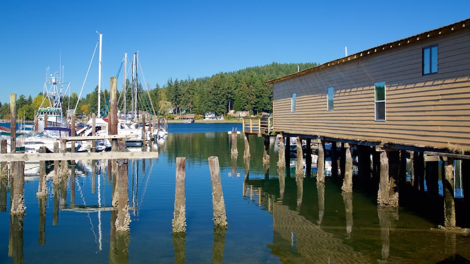 A wooden dock extending into calm water with boats docked nearby and a forested hill in the background.
