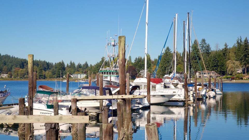 A marina with various boats docked, surrounded by a forested shoreline.