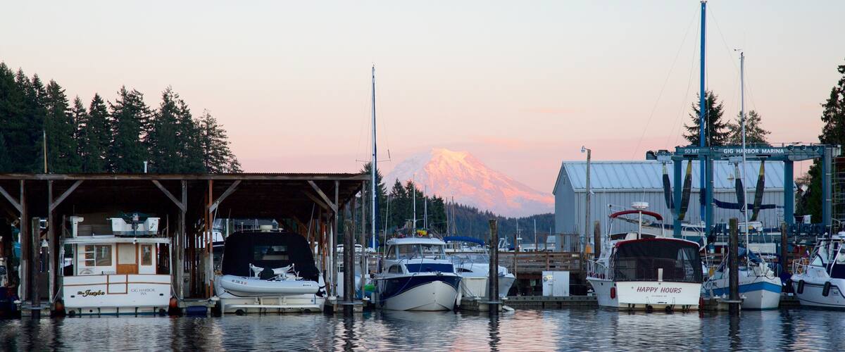 A marina with boats docked, a mountain in the background, and a building labeled 'GIG HARBOR MARINA'.