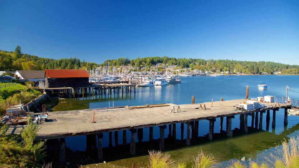 A marina with boats docked, a wooden pier, and a forested hillside in the background.