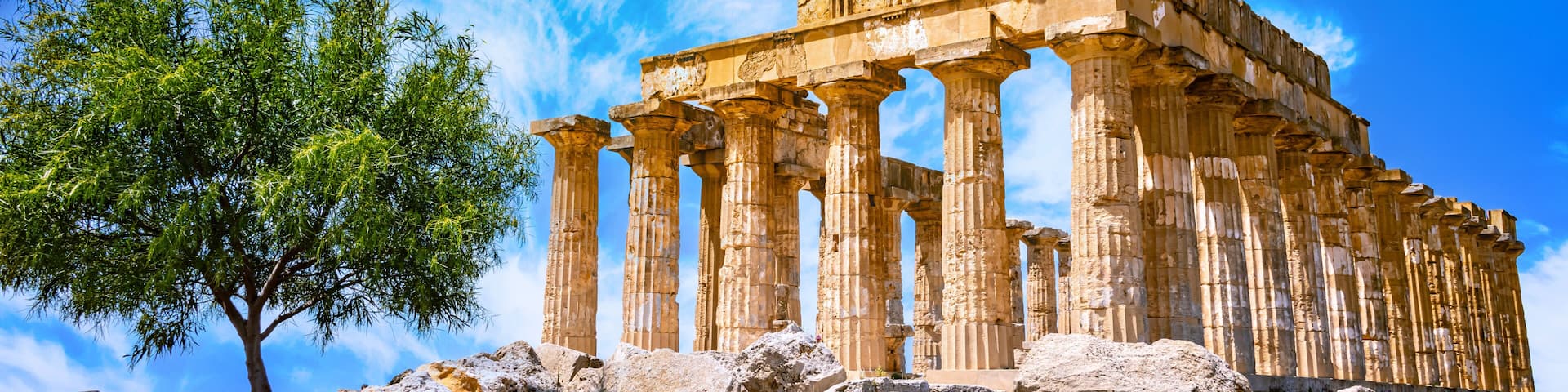 Ancient Greek ruins with columns and a large tree in the foreground.