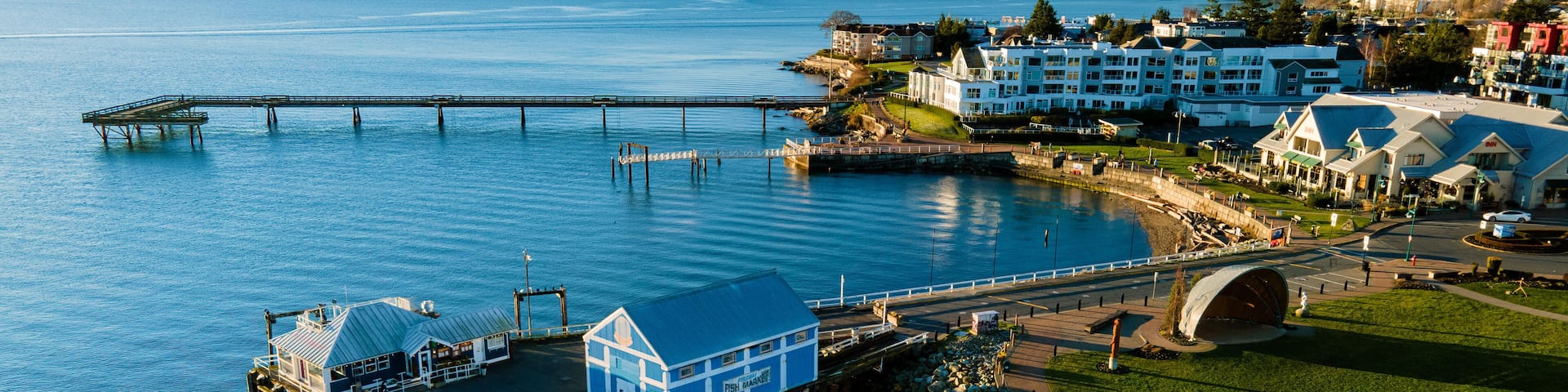 Wide-angle lens shot of a town near the sea in Vancouver, Canada