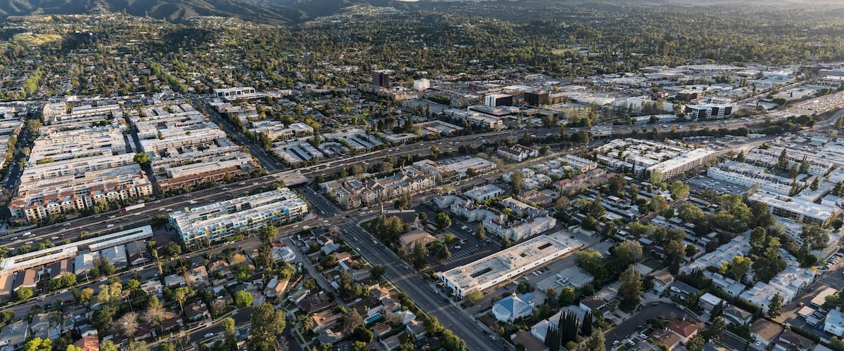 A view of Ventura 101 Freeway at Lindley Ave in the San Fernando Valley area of Los Angeles, California.