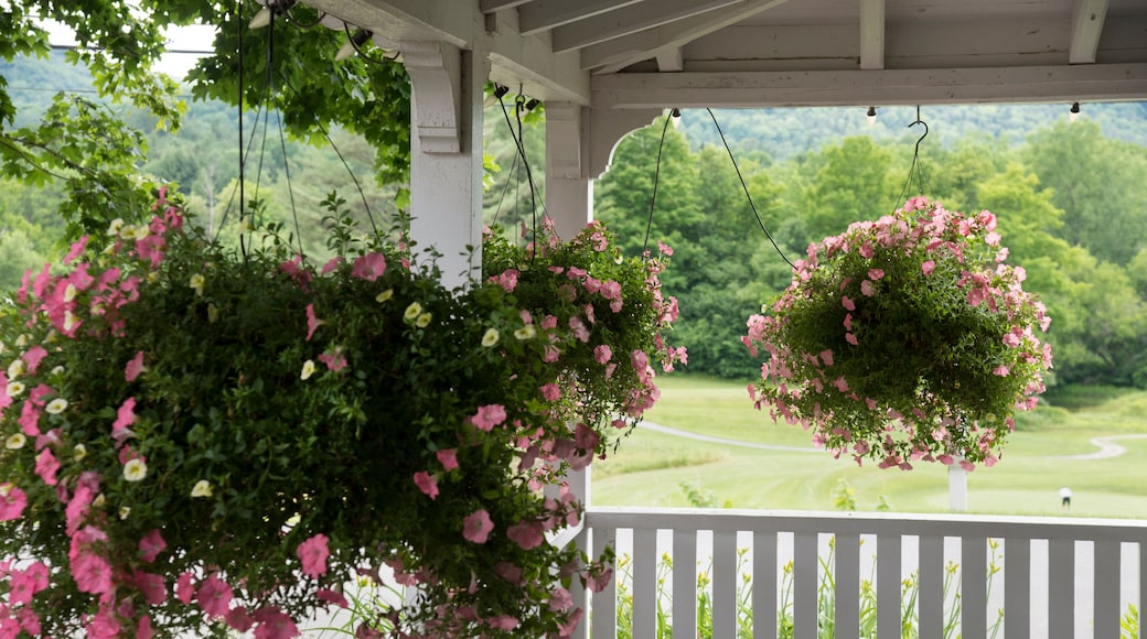 Hanging flowers on porch in Randolph, Vermont overlooking golf course