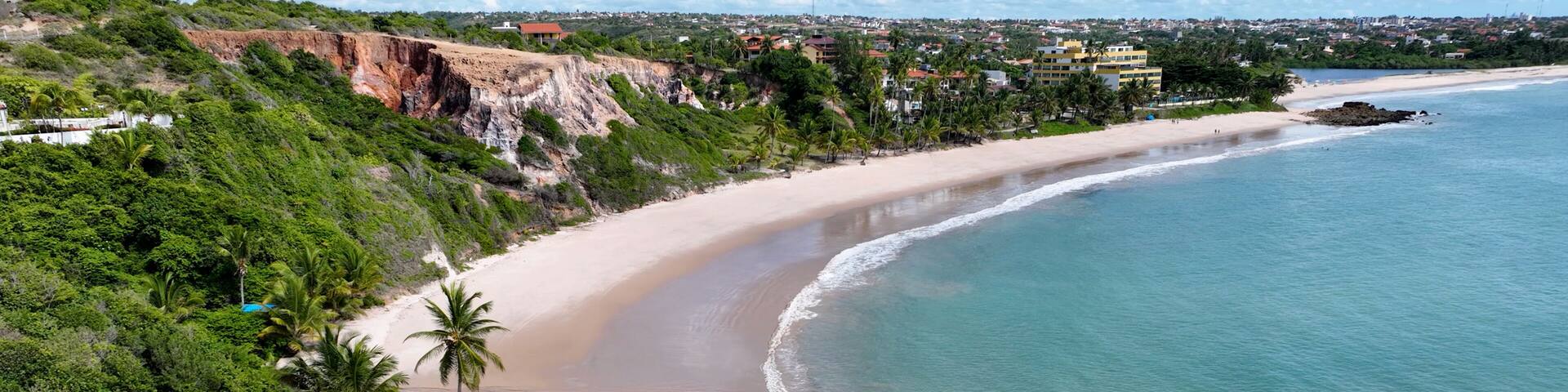 Tabatinga Beach In Conde Paraiba Brazil. Stunning Tropical Coastline Beach Scene Viewed From Above. Paradise Landscape Idyllic Beauty. Summertime Idyllic Coast. Conde Paraiba.