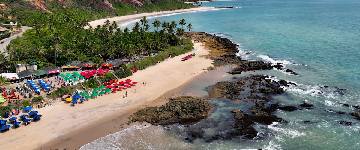 Coqueirinho Beach In Conde Paraiba Brazil. Stunning Tropical Coastline Beach Scene Viewed From Above. Shore Clouds Sky Beach Sea. Shore Beach Scenic Coastline. Conde Paraiba.