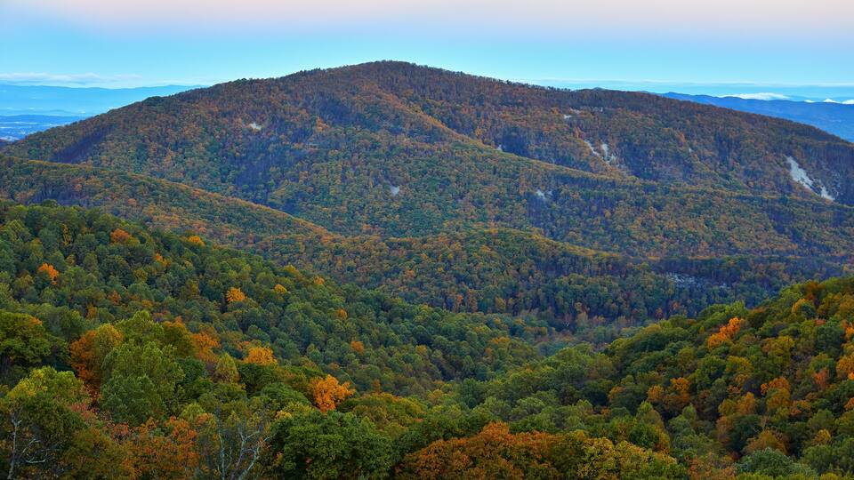 A forested mountain with autumn foliage.