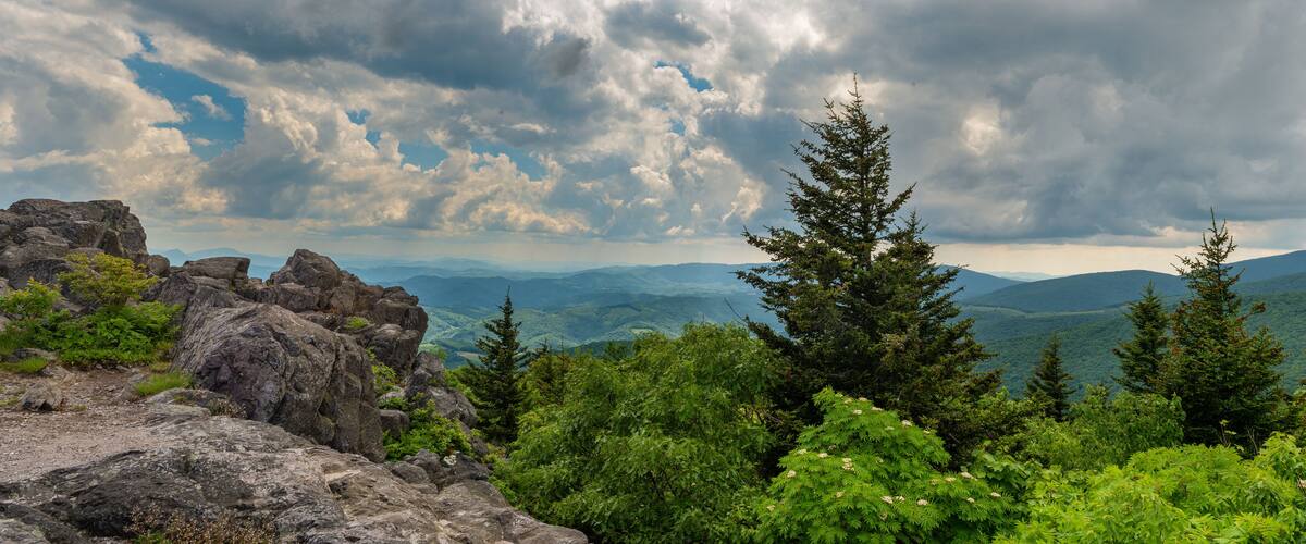 A mountainous landscape with rocky outcrops and dense green foliage.