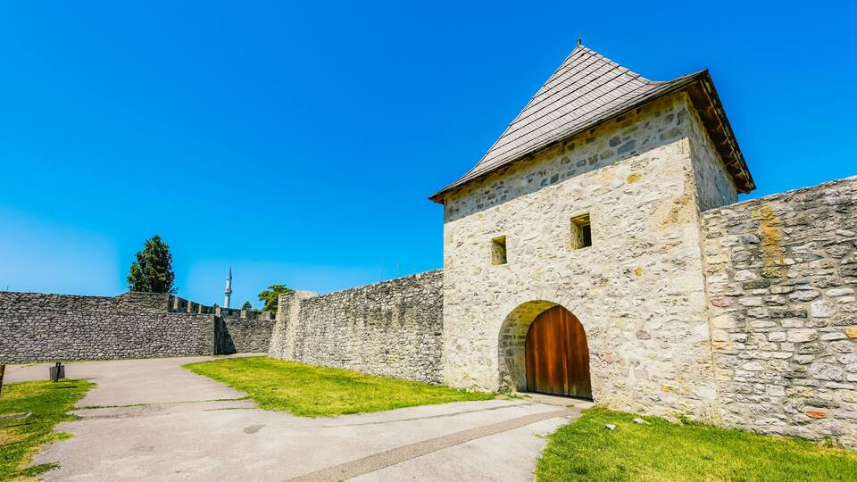 Ancient Kastel Fortress in Banja Luka, Bosnia and Herzegovina, massive stone walls and historic fortifications on the banks of Vrbas river.
