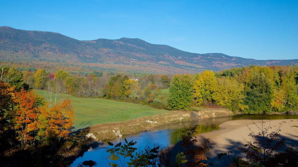 A river flowing through a valley with autumn-colored trees and mountains in the background.