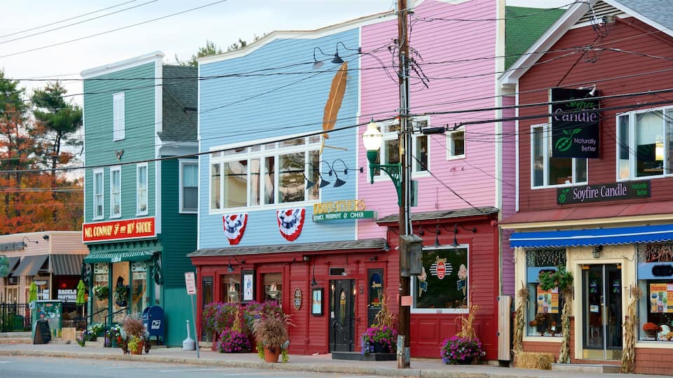 A row of colorful buildings with signs for a store, a restaurant, and a candle shop.