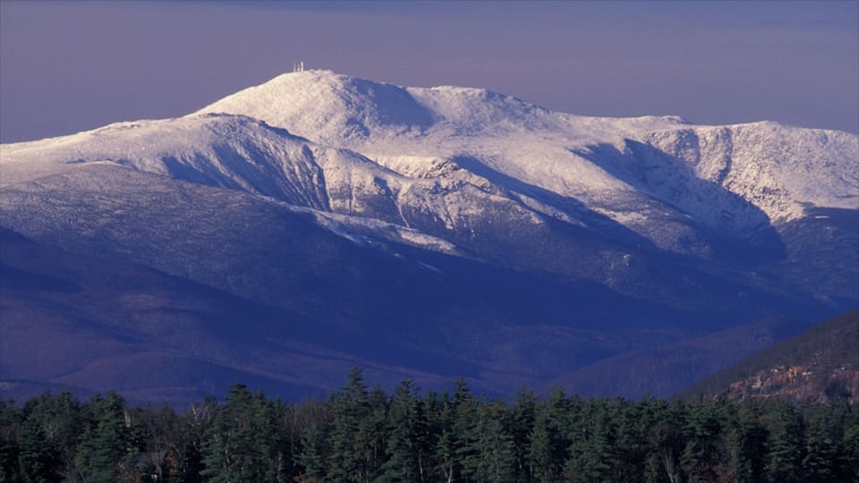 A snow-covered mountain range with a forested valley in the foreground.