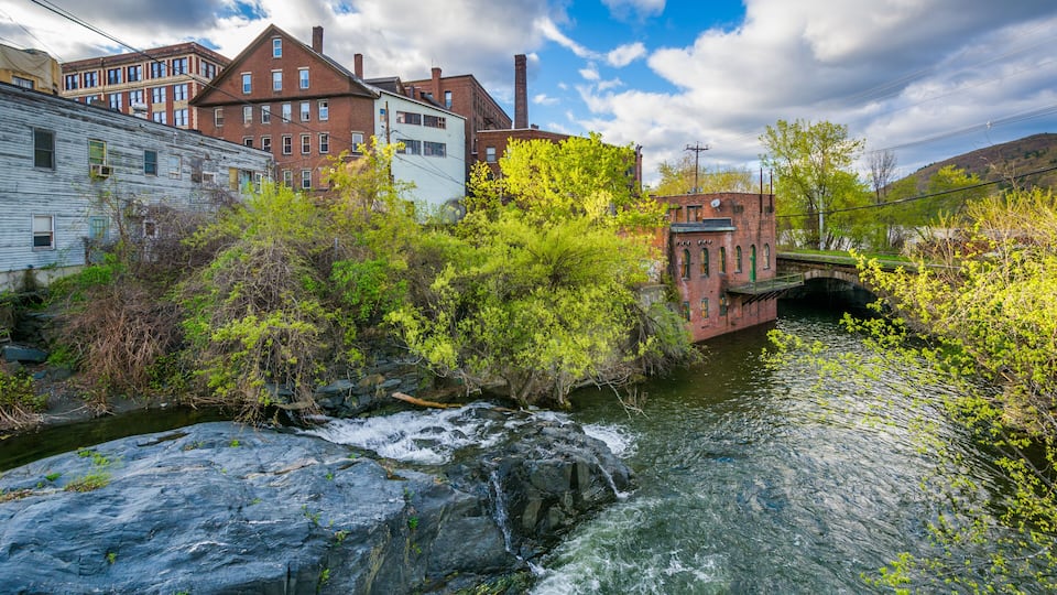 Cascades and old buildings along Whetstone Brook, in Brattleboro, Vermont.