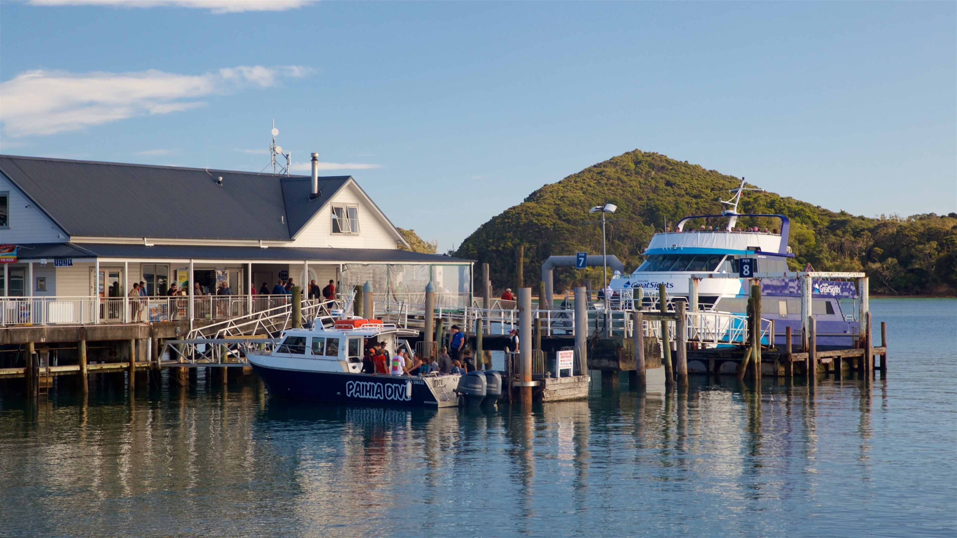 A pier with a boat docked, a building with a sign reading "The Rock", and a hill in the background.