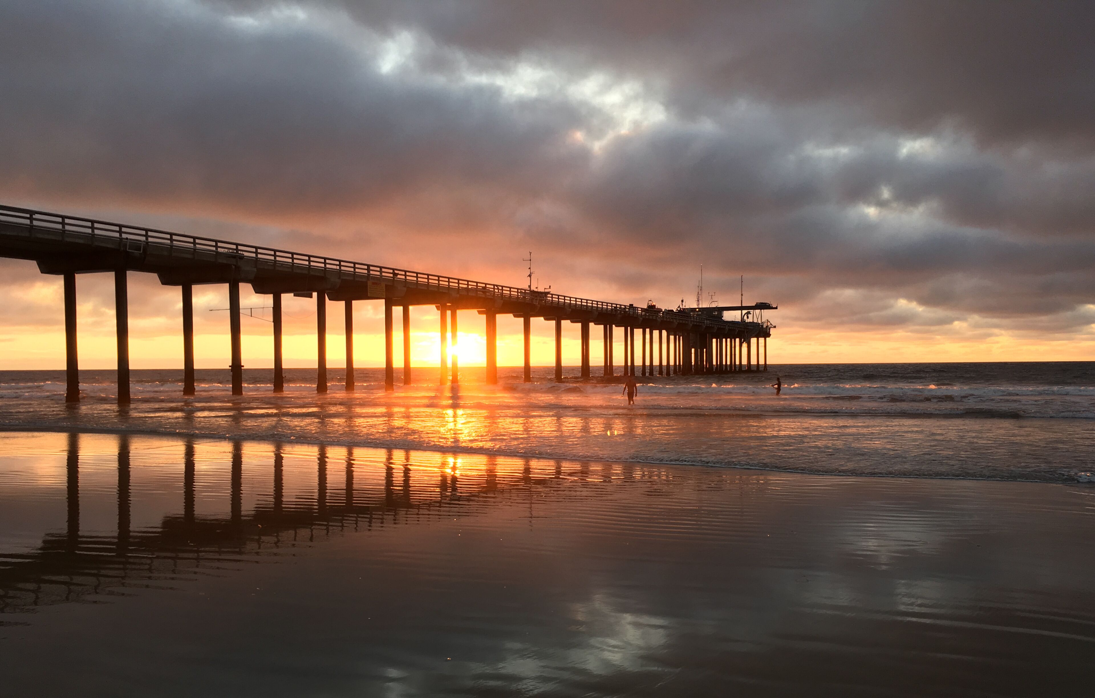 Sunset through Scripps Pier on the coastline of La Jolla California