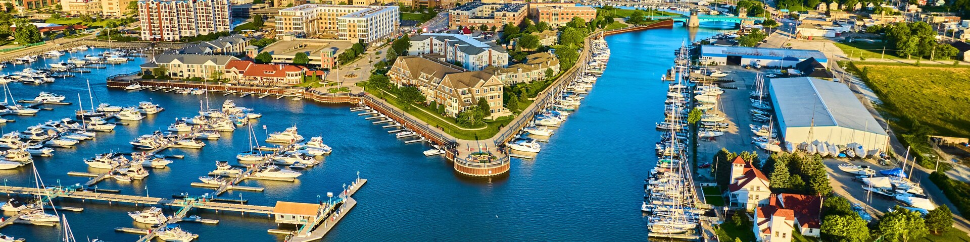 Aerial View of Marina at Golden Hour in Racine Wisconsin