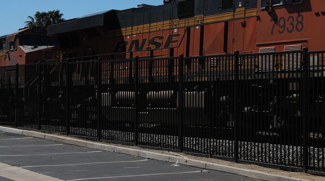 Passing train in downtown Riverside just passing over Arlington Ave.