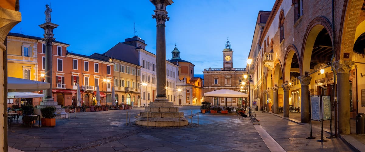 RAVENNA, ITALY - JANUARY 27, 2020: The square Piazza del Popolo at dusk.