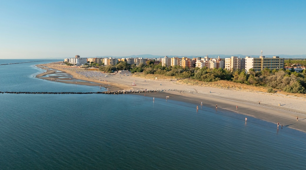 Aerial shot of sandy beach with umbrellas, typical adriatic shore.Summer vacation concept.Lido Adriano town,Adriatic coast, Emilia Romagna,Italy.