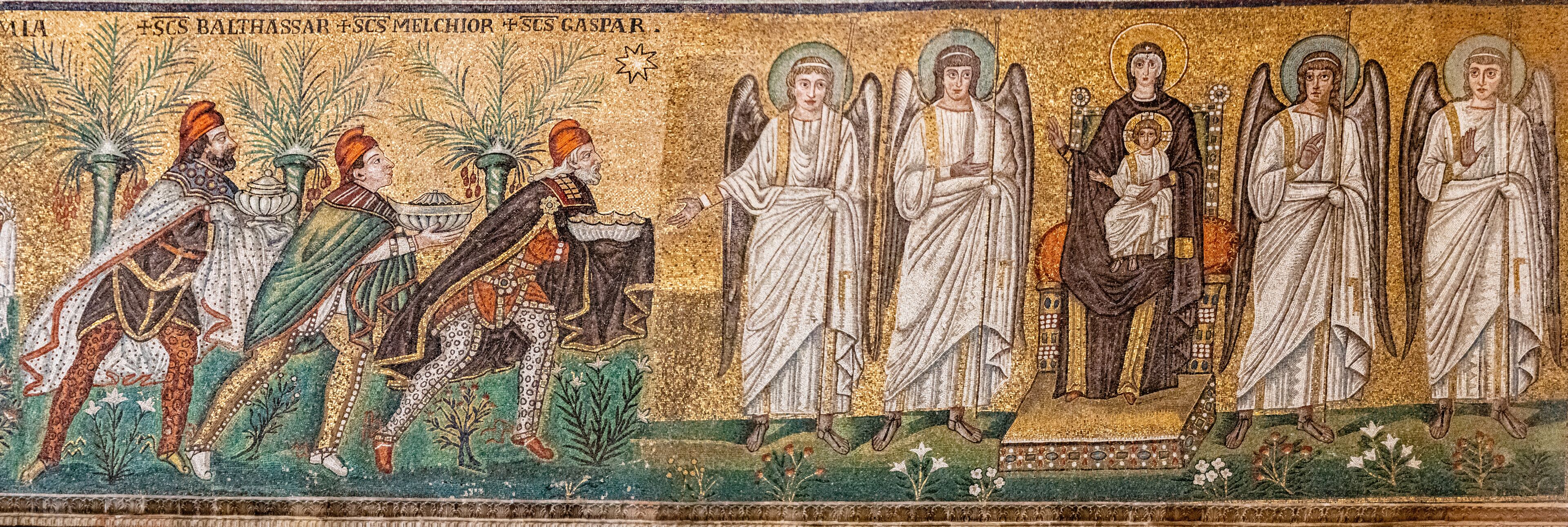 Ravenna, Italy - 01.11.2021 - The mosaic of the Holy Mary with angels and the Three Magi in the Basilica of Sant Apollinare Nuovo in Ravenna, Emilia Romagna, Italy, Europe