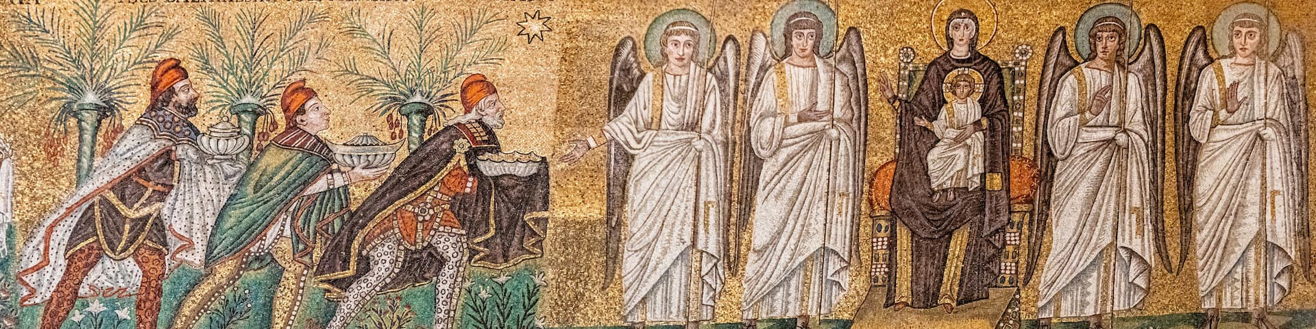 Ravenna, Italy - 01.11.2021 - The mosaic of the Holy Mary with angels and the Three Magi in the Basilica of Sant Apollinare Nuovo in Ravenna, Emilia Romagna, Italy, Europe