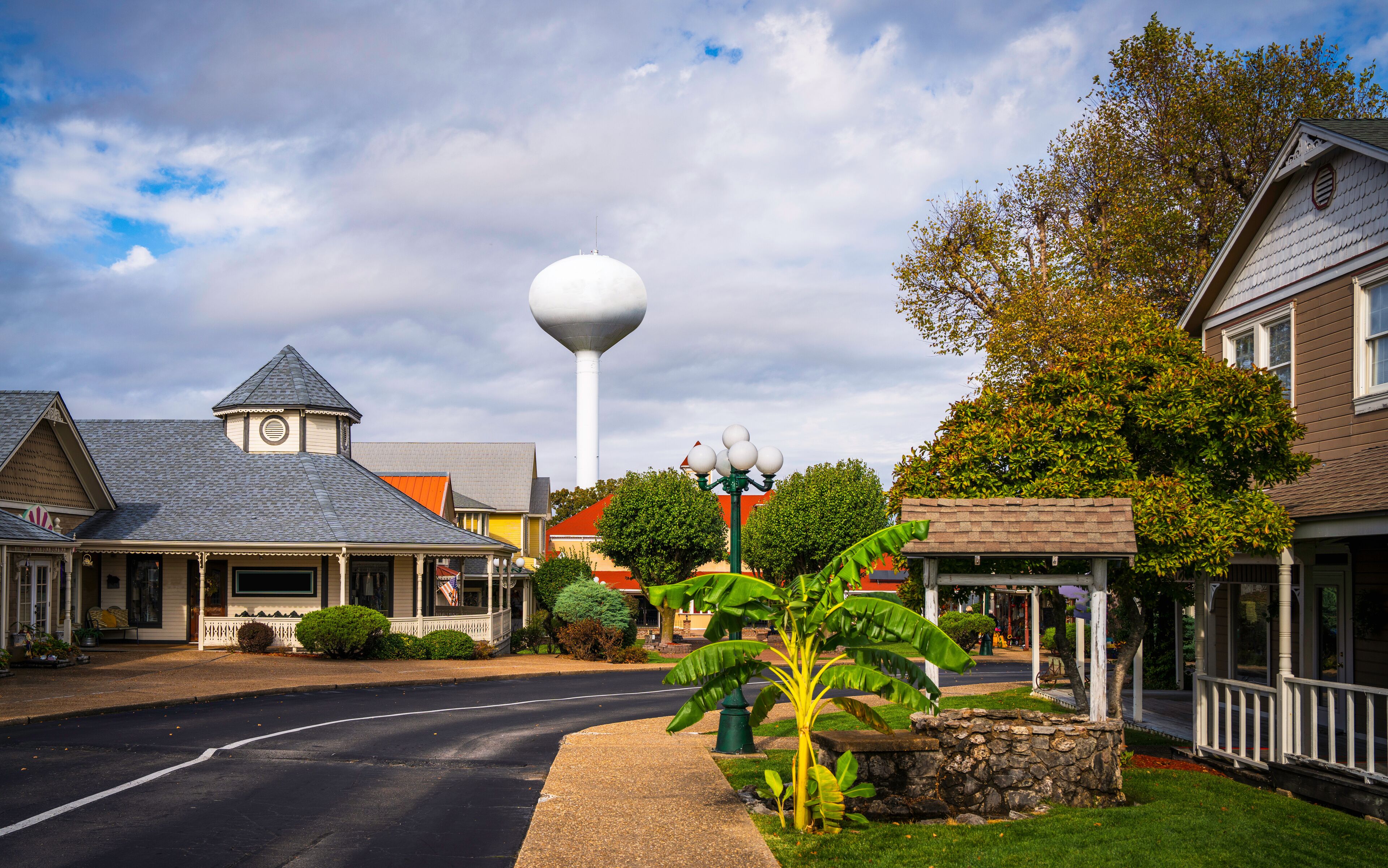 A street with houses, a water tower, and a banana tree.