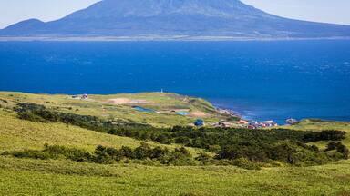 Rolling hills of sasa bamboo grass and wildflowers cover the southern tip of Rebun Island, Japan, village of Shiretokomanai and Mt. Rishiri are in the distance, Shutterstock ID 760781635, Purchase Ord
