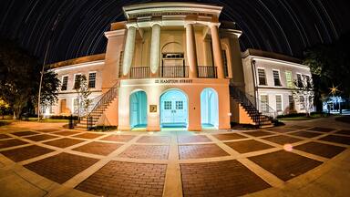 November 2016 town of Walterboro South carolina USA - Twon of walterboro courthouse at night with star trails in the background