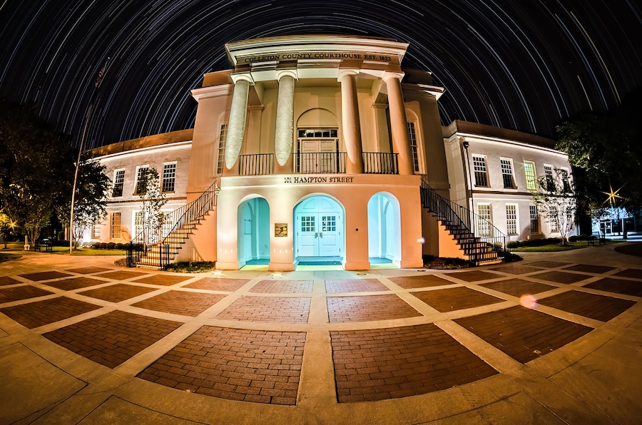 November 2016 town of Walterboro South carolina USA - Twon of walterboro courthouse at night with star trails in the background