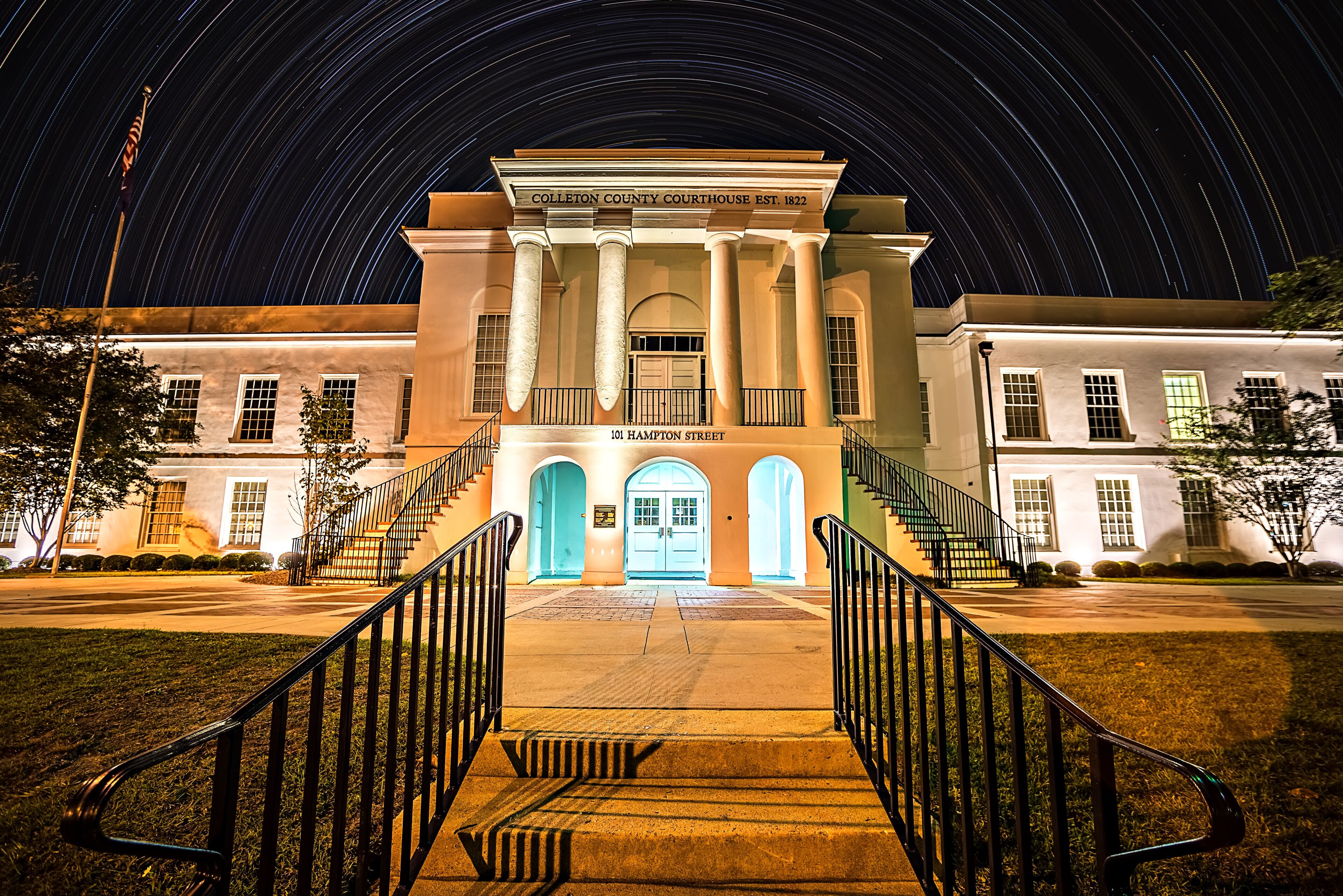  November 2016 town of Walterboro South carolina USA - Twon of walterboro courthouse at night with star trails in the background