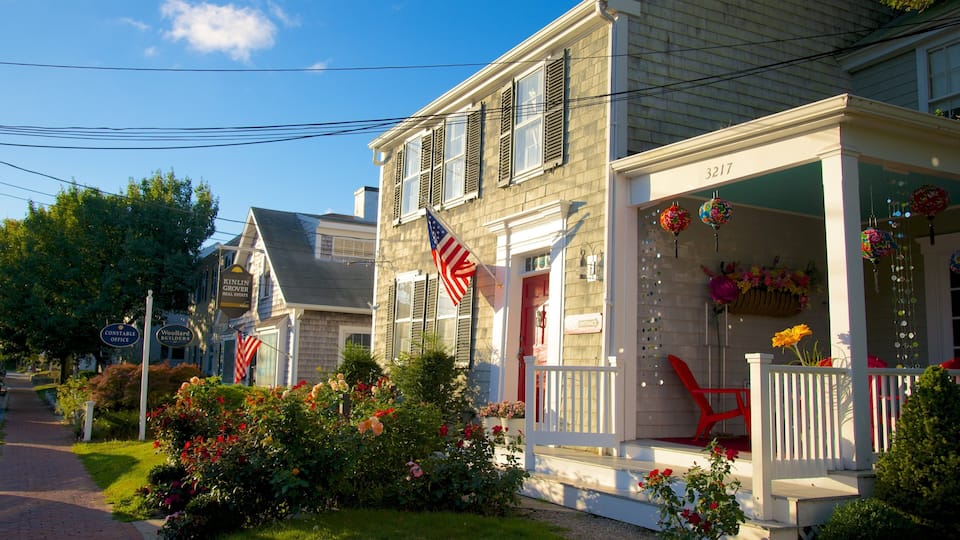 A residential street with houses, a prominent American flag, and a sign for Kinlin Grover Real Estate.