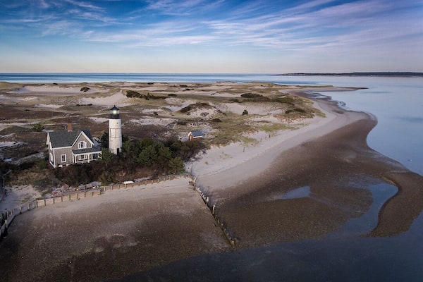 Sandy Neck Lighthouse on Cape Cod in West Barnstable MA. On a remote stretch of beach.