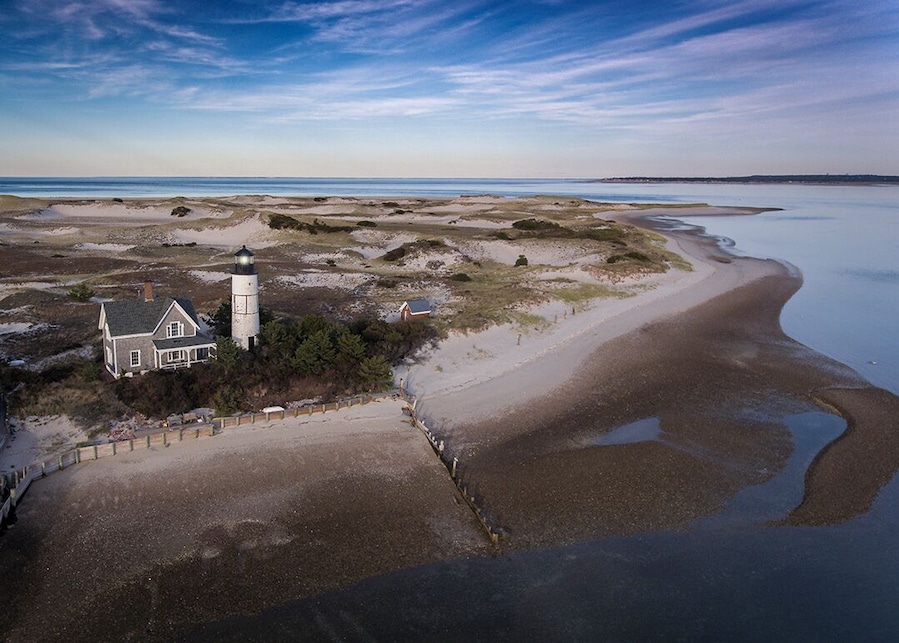 Sandy Neck Lighthouse on Cape Cod in West Barnstable MA. On a remote stretch of beach.