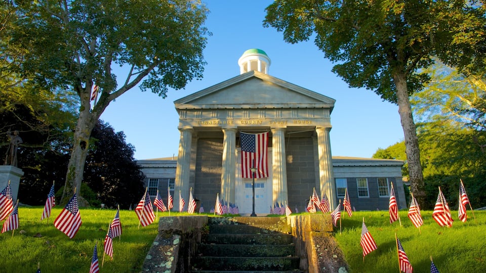 A courthouse with a green dome, surrounded by American flags and trees.